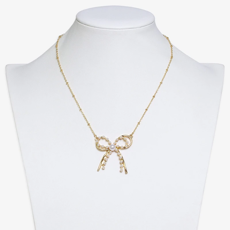 Bold Elements Gold Tone Womens Simulated Pearl Bow 18 Inch Pendant Necklace