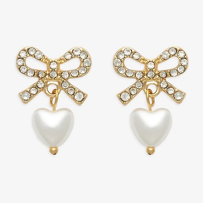 Mixit Womens Glass Simulated Pearl Bow Heart Drop Earrings