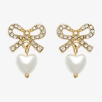 Mixit Womens Glass Simulated Pearl Bow Heart Drop Earrings