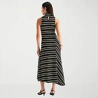 Worthington Womens Tall Midi Mock Neck Sleeveless Striped Fit + Flare Dress