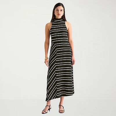 Worthington Womens Tall Midi Mock Neck Sleeveless Striped Fit + Flare Dress