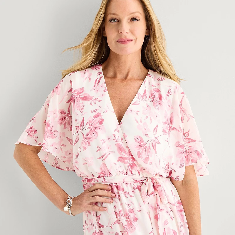 Studio 1 Womens Petite V Neck Short Sleeve Kimono Maxi Dress