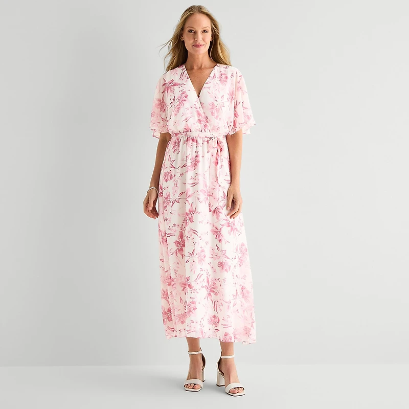 Studio 1 Womens Petite V Neck Short Sleeve Kimono Maxi Dress
