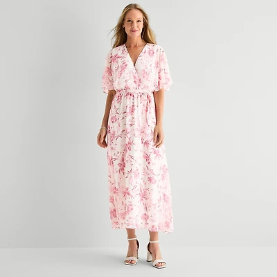 Studio 1 Womens Petite V Neck Short Sleeve Kimono Maxi Dress