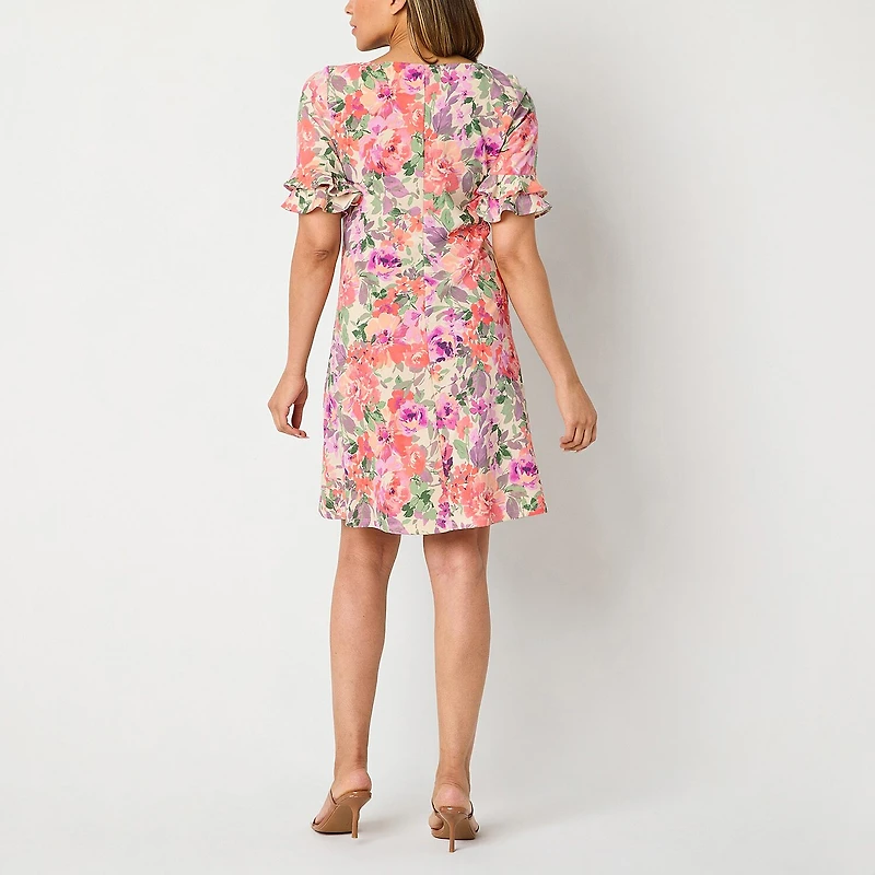 Perceptions Womens Petite Round Neck Short Sleeve Floral Shift Dress