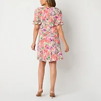 Perceptions Womens Petite Round Neck Short Sleeve Floral Shift Dress