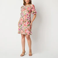 Perceptions Womens Petite Round Neck Short Sleeve Floral Shift Dress