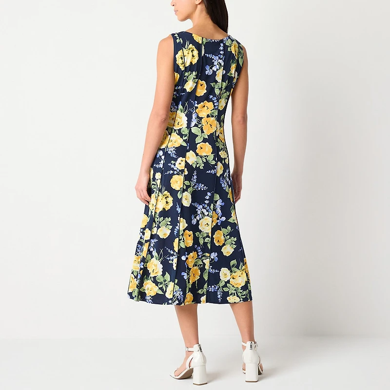 Perceptions Womens Petite Midi Round Neck Sleeveless Floral Fit + Flare Dress