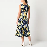 Perceptions Womens Petite Midi Round Neck Sleeveless Floral Fit + Flare Dress