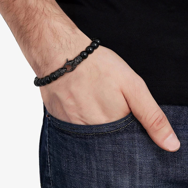 Mens Cubic Zirconia Stainless Steel Beaded Bracelet