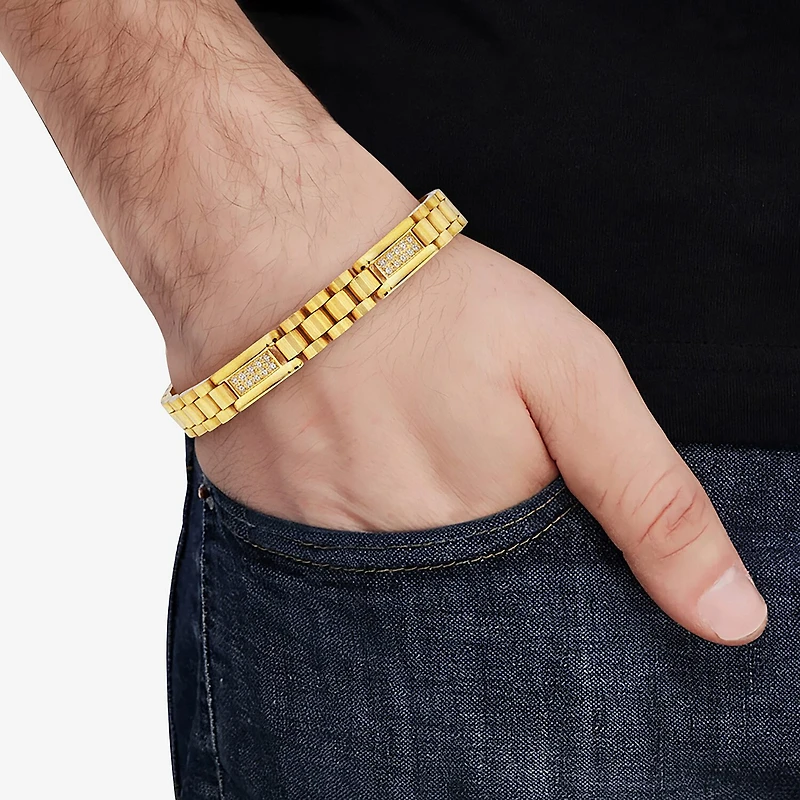 Mens 14K Gold Over Stainless Steel Solid 8 / Inch Link Bracelet