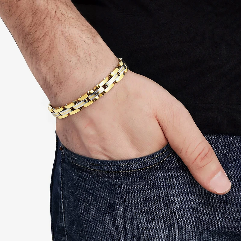 Mens 14K Gold Over Stainless Steel Solid 8 1/2 Inch Link Bracelet