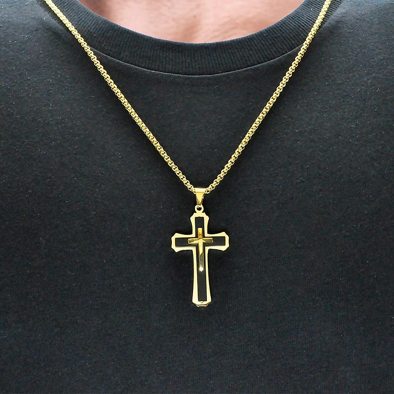 Cross Mens 14K Gold Over Stainless Steel Cross 24 Inch Pendant Necklace