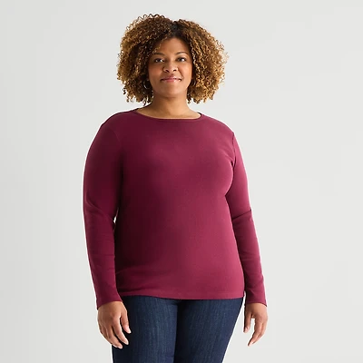 St. John's Bay Womens Plus Crew Neck Long Sleeve T-Shirt