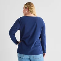 St. John's Bay Womens Plus Easy-on + Easy-off Crew Neck Long Sleeve Adaptive T-Shirt