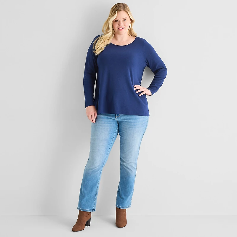 St. John's Bay Womens Plus Easy-on + Easy-off Crew Neck Long Sleeve Adaptive T-Shirt