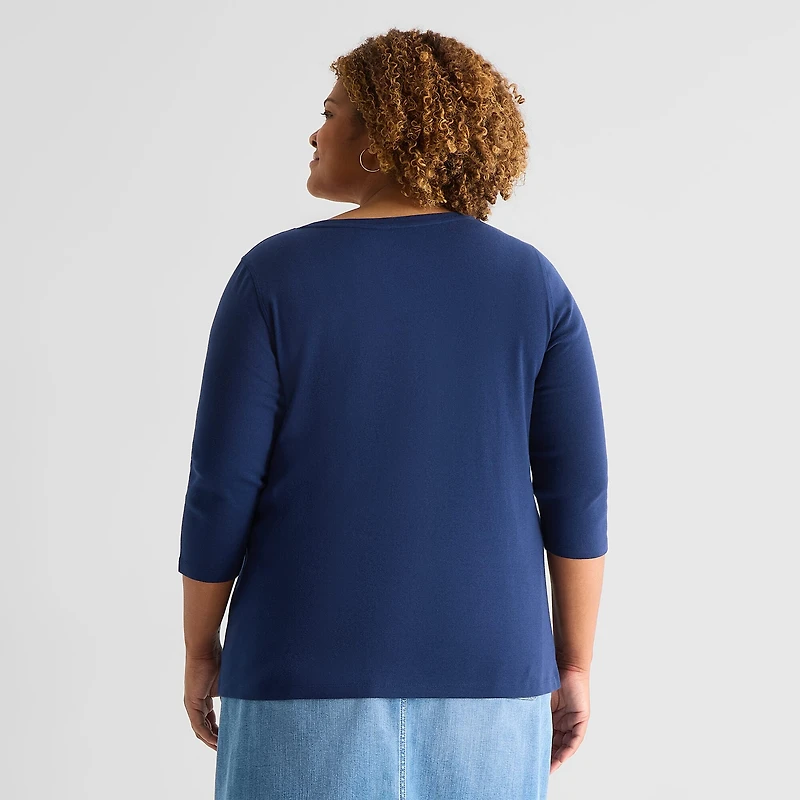 St. John's Bay Womens Plus Easy-on + Easy-off V Neck 3/4 Sleeve Adaptive T-Shirt