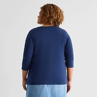 St. John's Bay Womens Plus Easy-on + Easy-off V Neck 3/4 Sleeve Adaptive T-Shirt