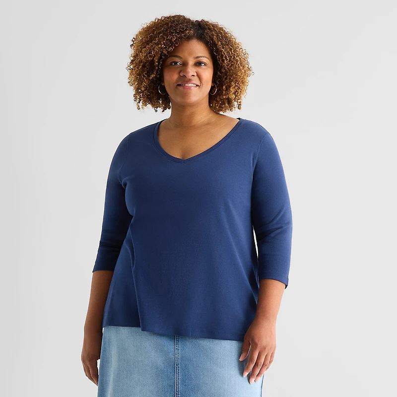 St. John's Bay Womens Plus Easy-on + Easy-off V Neck 3/4 Sleeve Adaptive T-Shirt