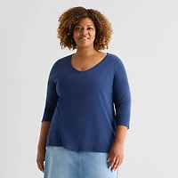 St. John's Bay Womens Plus Easy-on + Easy-off V Neck 3/4 Sleeve Adaptive T-Shirt