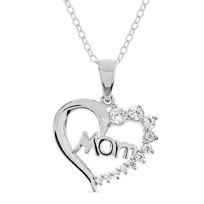 Mom Womens 7/8 CT. T.W. White Cubic Zirconia Sterling Silver Heart 18 Inch Pendant Necklace