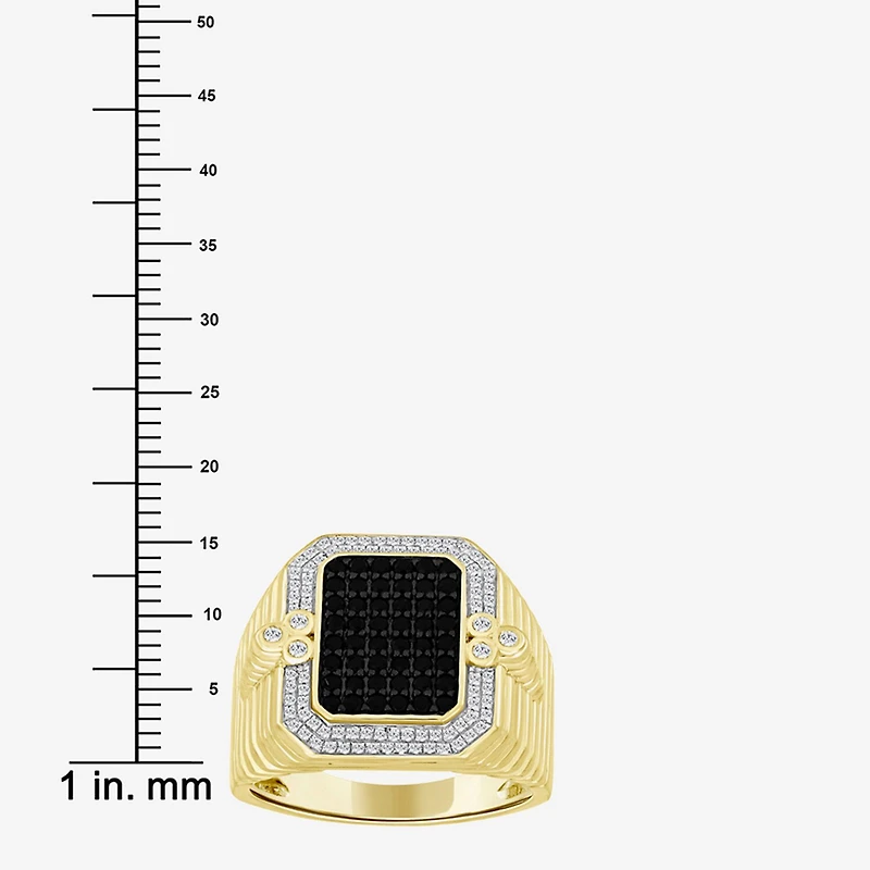 (Black / I3) Mens 3/4 CT. T.W. Natural Black Diamond 10K Gold Cushion Halo Cocktail Ring