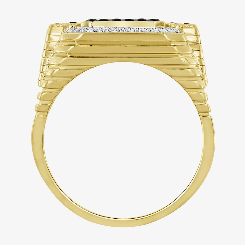 (Black / I3) Mens 3/4 CT. T.W. Natural Black Diamond 10K Gold Cushion Halo Cocktail Ring