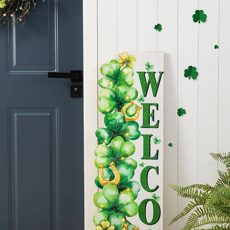 Glitzhome 42" Lighted Wood Stacked Shamrock St. Patricks Day Porch Sign