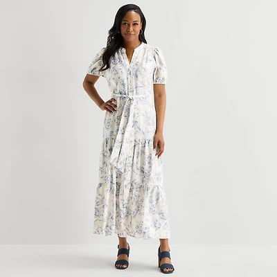 MSK Womens V Neck Short Sleeve Puffed Maxi Dress