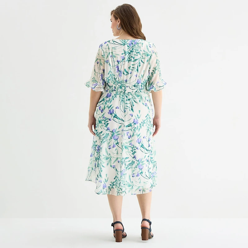 Perceptions Womens Plus Midi V Neck Elbow Sleeve Ruffled Floral Fit + Flare Dress