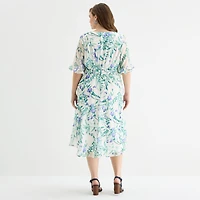 Perceptions Womens Plus Midi V Neck Elbow Sleeve Ruffled Floral Fit + Flare Dress