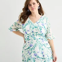 Perceptions Womens Plus Midi V Neck Elbow Sleeve Ruffled Floral Fit + Flare Dress