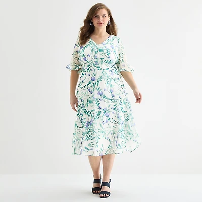 Perceptions Womens Plus Midi V Neck Elbow Sleeve Ruffled Floral Fit + Flare Dress