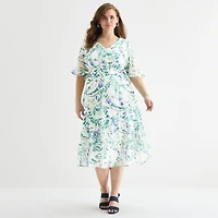 Perceptions Womens Plus Midi V Neck Elbow Sleeve Ruffled Floral Fit + Flare Dress