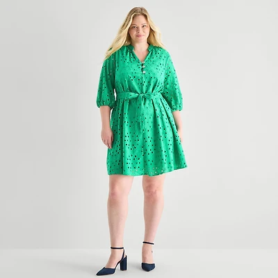 Perceptions Womens Plus V Neck 3/4 Sleeve Balloon Fit + Flare Dress