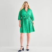 Perceptions Womens Plus V Neck 3/4 Sleeve Balloon Fit + Flare Dress