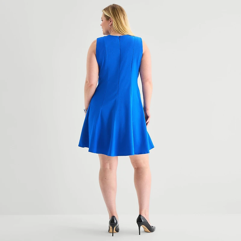 Danny & Nicole Womens Plus Round Neck Sleeveless Fit + Flare Dress