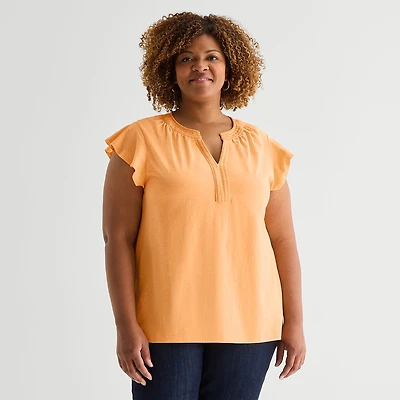 St. John's Bay Womens Plus Split Crew Neck Short Sleeve Blouse