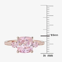 Womens Lab Created Pink Sapphire 14K Rose Gold Over Silver Cushion 3-Stone Side Stone Cocktail Ring