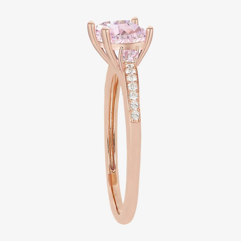 Womens Lab Created Pink Sapphire 14K Rose Gold Over Silver Cushion 3-Stone Side Stone Cocktail Ring