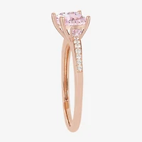Womens Lab Created Pink Sapphire 14K Rose Gold Over Silver Cushion 3-Stone Side Stone Cocktail Ring