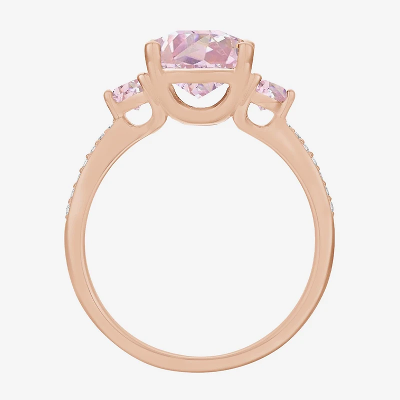 Womens Lab Created Pink Sapphire 14K Rose Gold Over Silver Cushion 3-Stone Side Stone Cocktail Ring