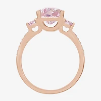 Womens Lab Created Pink Sapphire 14K Rose Gold Over Silver Cushion 3-Stone Side Stone Cocktail Ring