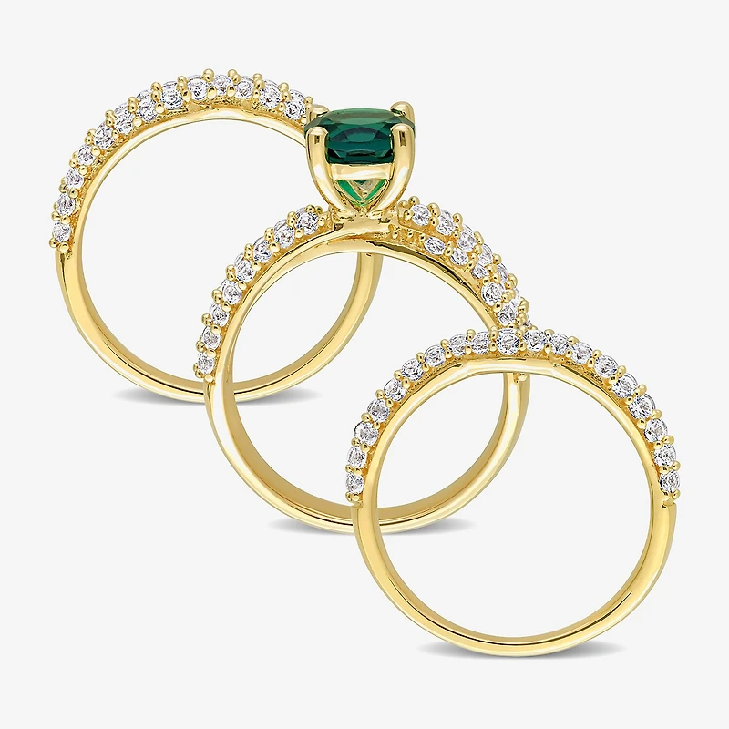Womens Lab Created Green Emerald 18K Gold Over Silver Round Bridal Set
