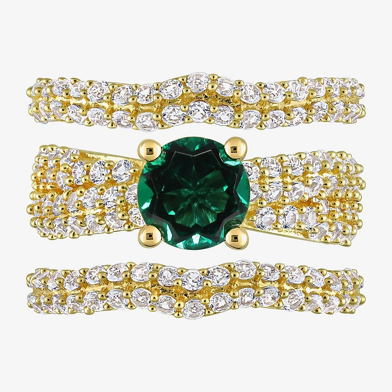 Womens Lab Created Green Emerald 18K Gold Over Silver Round Bridal Set