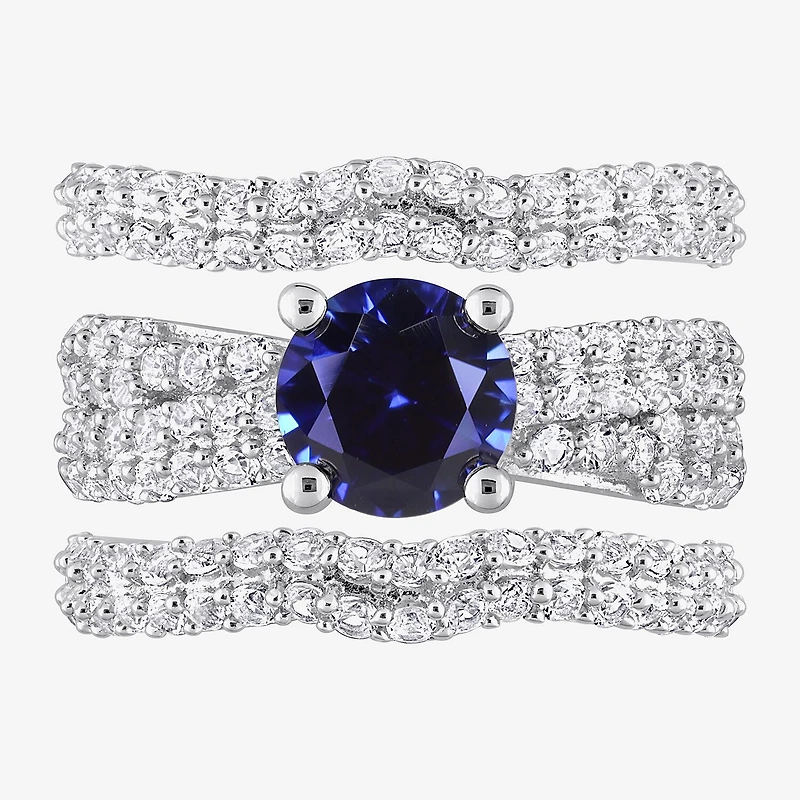 Modern Bride Gemstone Womens Lab Created Blue Sapphire Sterling Silver Round Bridal Set