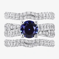 Modern Bride Gemstone Womens Lab Created Blue Sapphire Sterling Silver Round Bridal Set