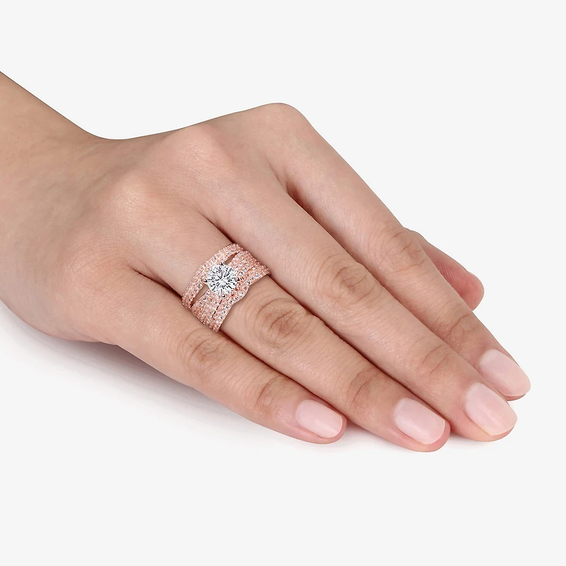 Womens Lab Created White Sapphire 18K Rose Gold Over Silver Round Bridal Set