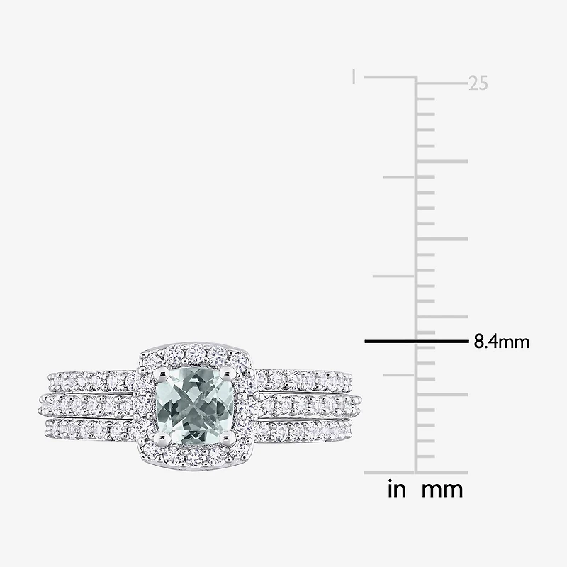 Modern Bride Gemstone Womens Genuine Blue Aquamarine Sterling Silver Cushion Side Stone Halo Bridal Set