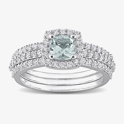 Modern Bride Gemstone Womens Genuine Blue Aquamarine Sterling Silver Cushion Side Stone Halo Bridal Set
